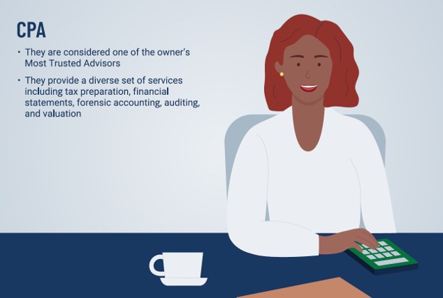 CPA: one of the owner's most trusted advisors; provides tax preparation, financial statements, forensic accounting, auditing, and valuation.